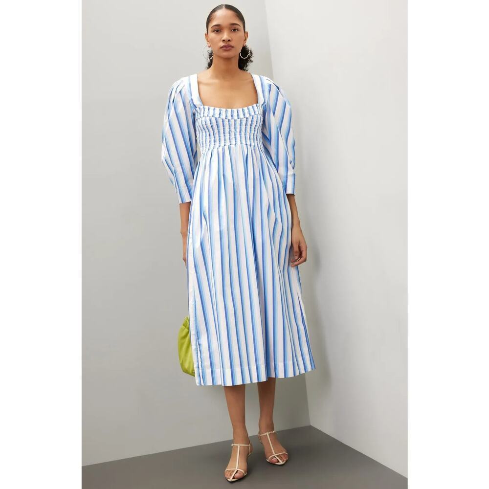 Ganni Cotton Smock Dress Striped 3/4 Sleeve Square Neck Midi Blue White 40 US 8